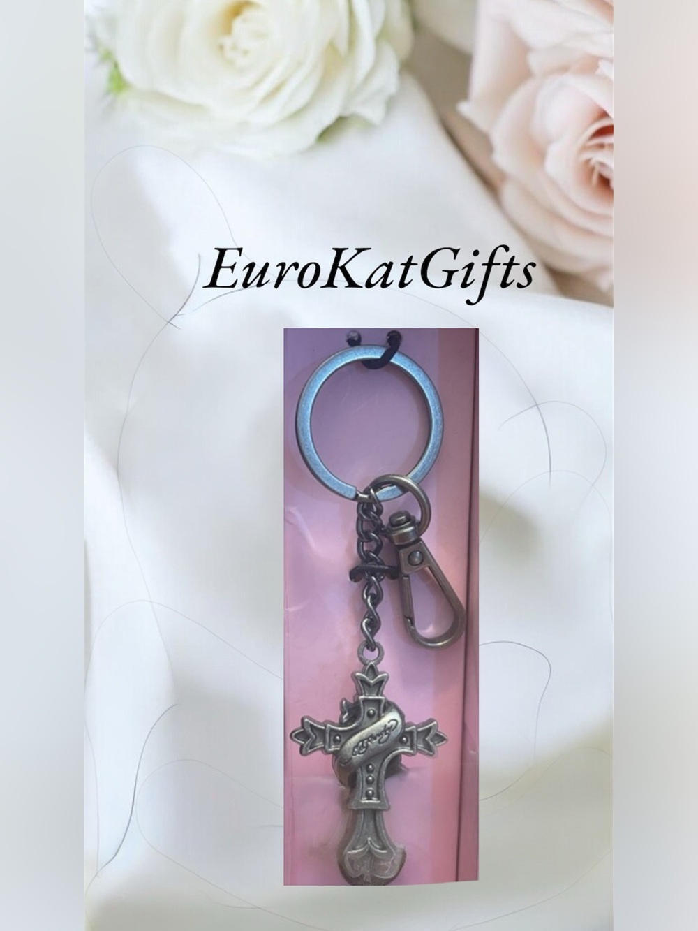 Antique Silver Ed Hardy Cross Keychain - Silver over stainless steel NEW